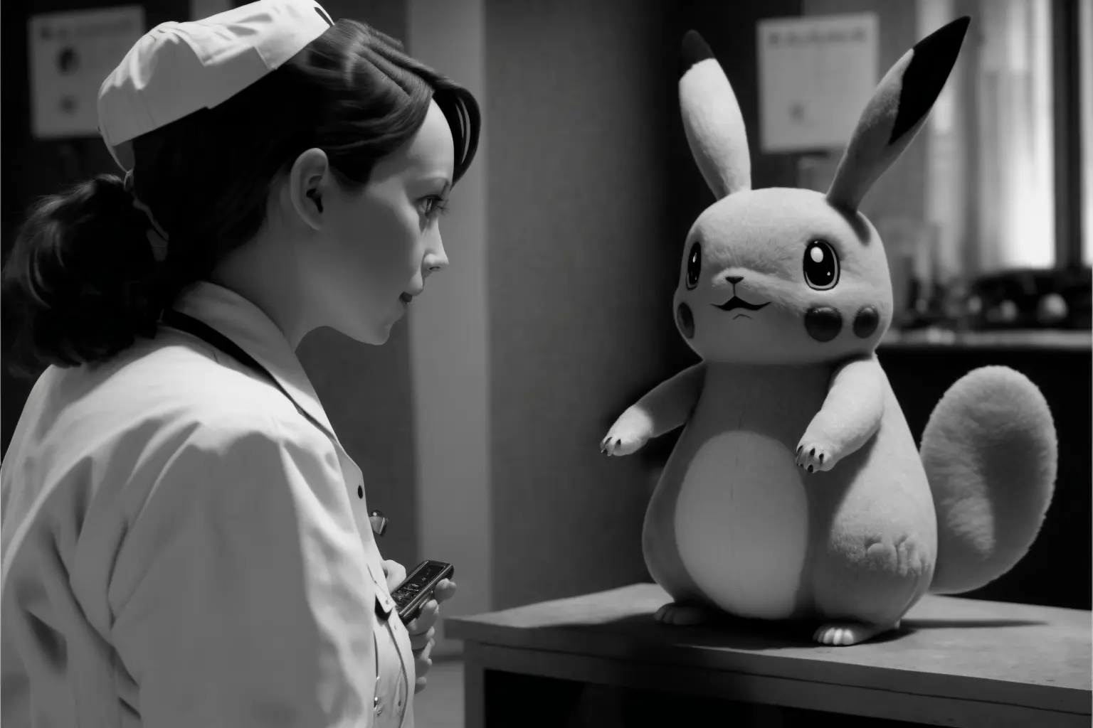 still from black and white old movie, film grain, live action pokemon, talking to nurse at pokemon center, directed by Alfred Hitchcock